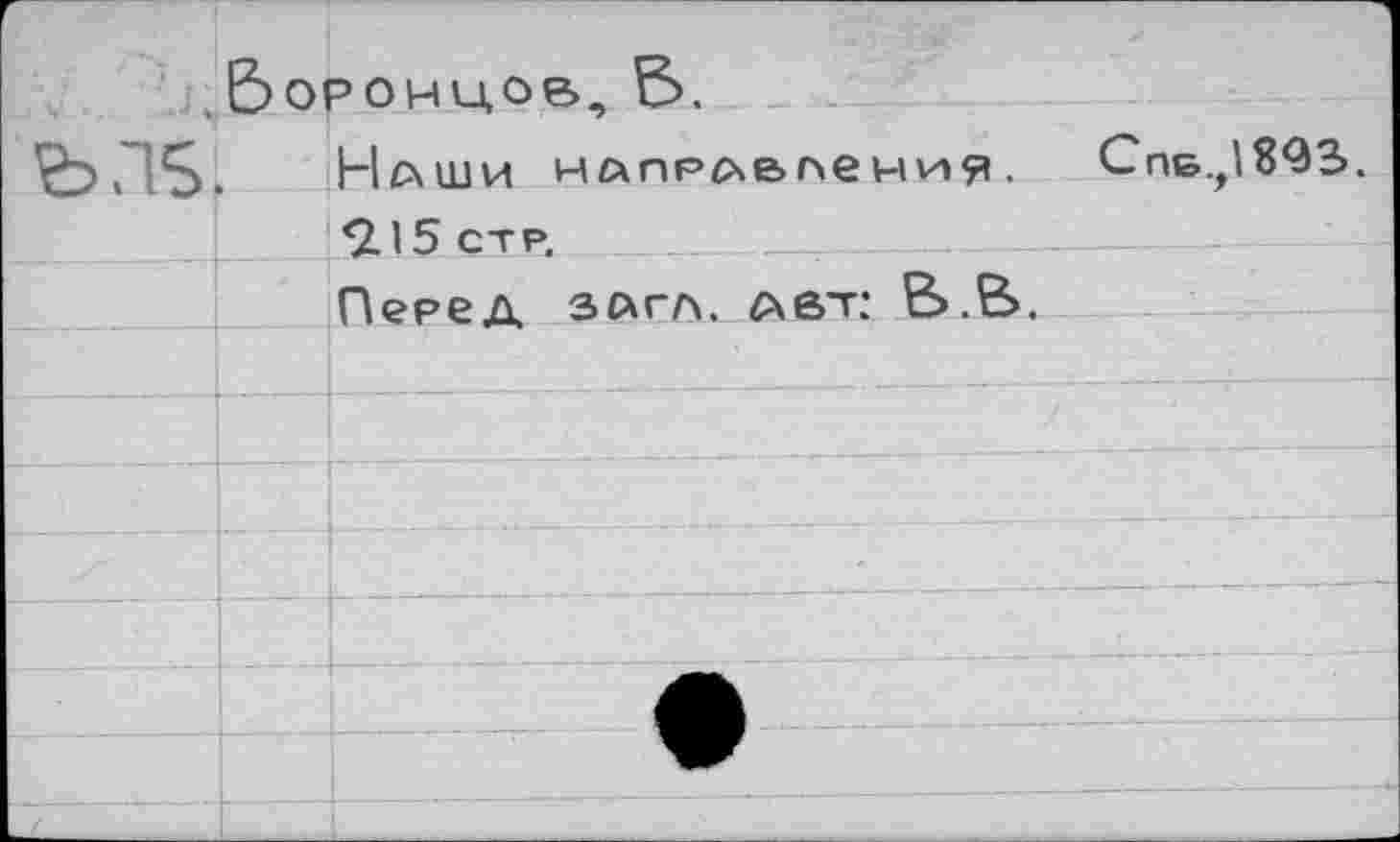 ﻿Воронцов, Б.
.15. Наши нллрАвпения. Сгиб., 18*33.
2.15 стр.
Перед загл. лет: В.В.